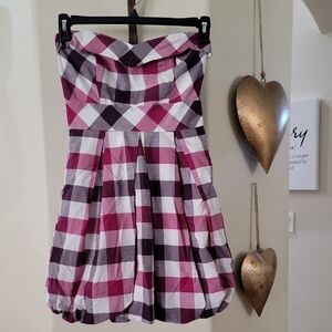 IRIS BASIC Bubble Hem Strapless Pink/Purple/Cream Plaid Mini Dress sz M